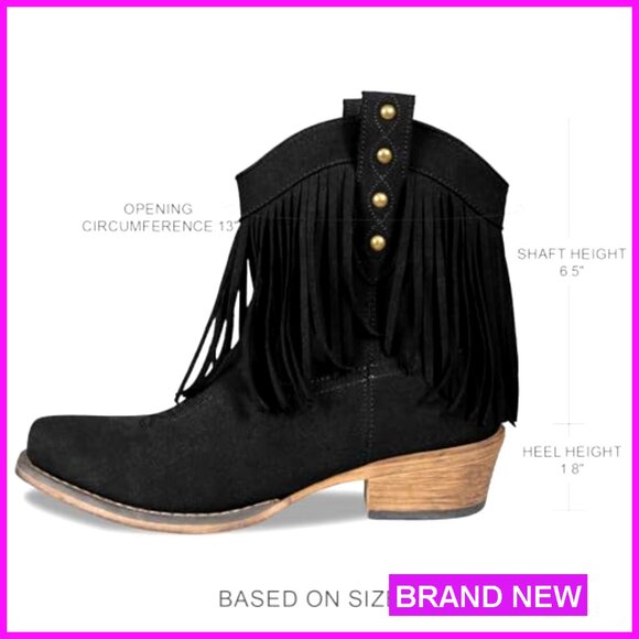 Suede Fringe Ankle Boots Boho Western Cowgirl Retro Chunky Heel Pull-On - Picture 4 of 6
